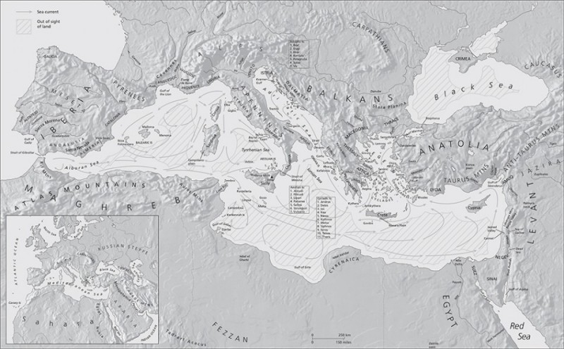 Figure 1. Map of the Mediterranean Sea showing major maritime topographical features (map courtesy of ML Design & Ben Plumridge © Thames & Hudson Ltd. From The Making of the Middle Sea by Cyprian Broodbank, Thames & Hudson Ltd., London).